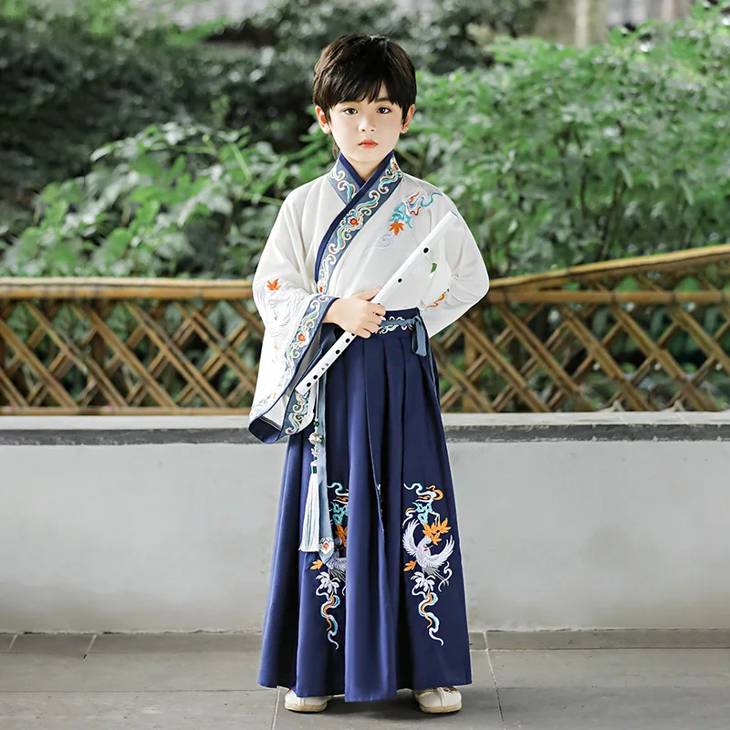 Boys Coutume Traditional Clothes Tang Suit Chinese Style Kids Navy Blue Embroidery Hanfu Stage Wear