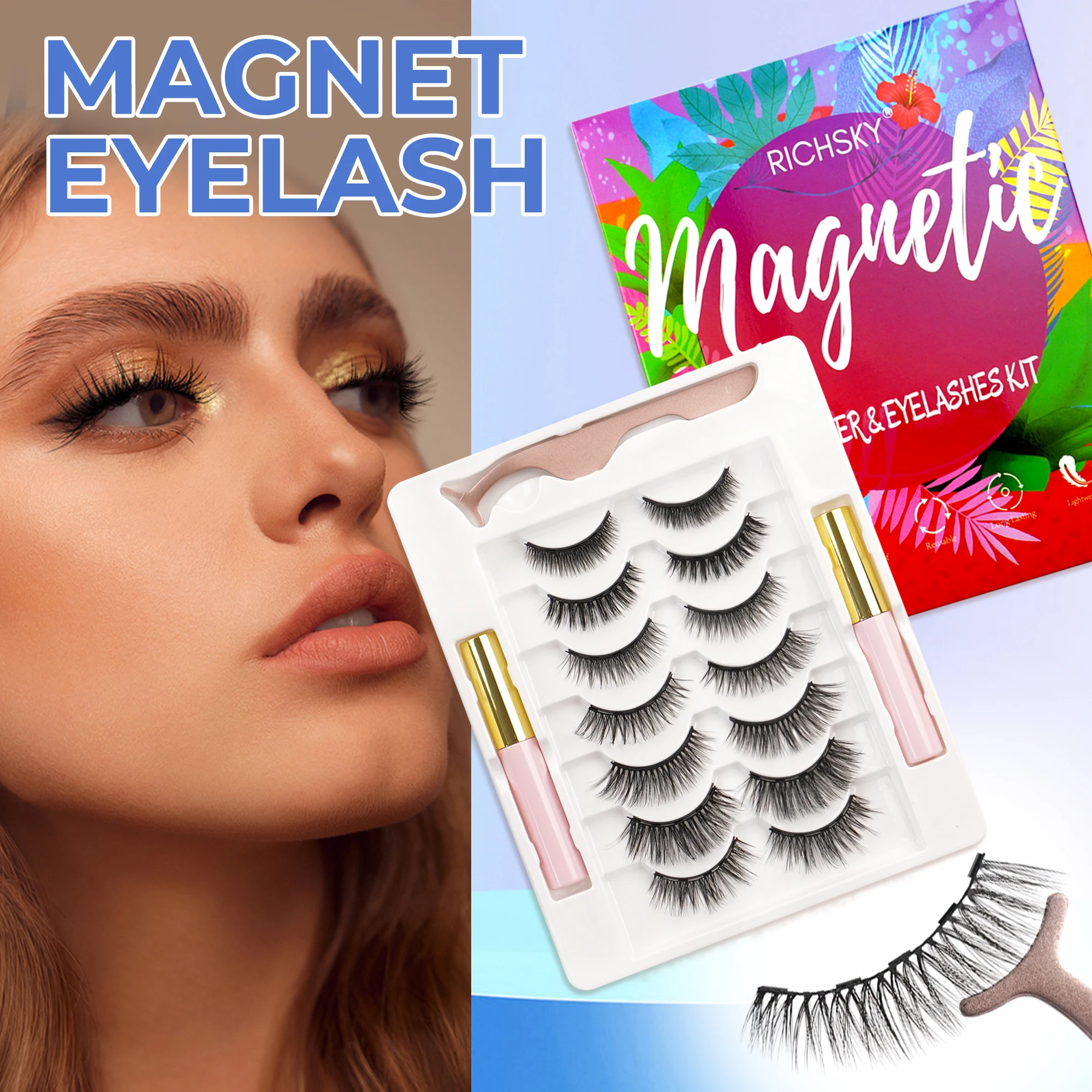 7쌍 마그네틱 속눈썹 키트, 재사용 가능한 3D 마그네틱 속눈썹 세트, 방수 아이라이너, 인조 속눈썹 자연스러운 룩