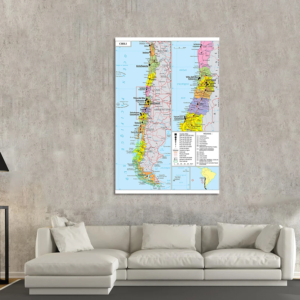 Mapa de transporte do chile em cartaz de parede francês pintura em tela não tecida sala de estar decoração de casa material escolar 100*150cm
