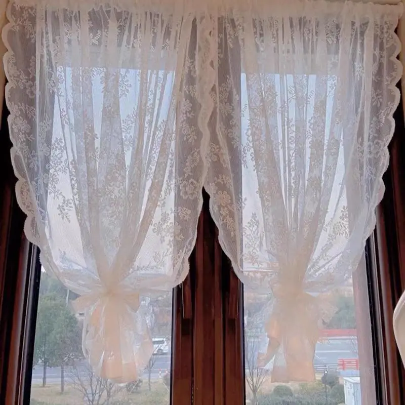Blumenbestickter Spitzenvorhang mit Schlauchzug für Badezimmer, Schlafzimmer, kleine Fenster, Schrankabdeckung, staubdichte Vorhänge – Detail 1