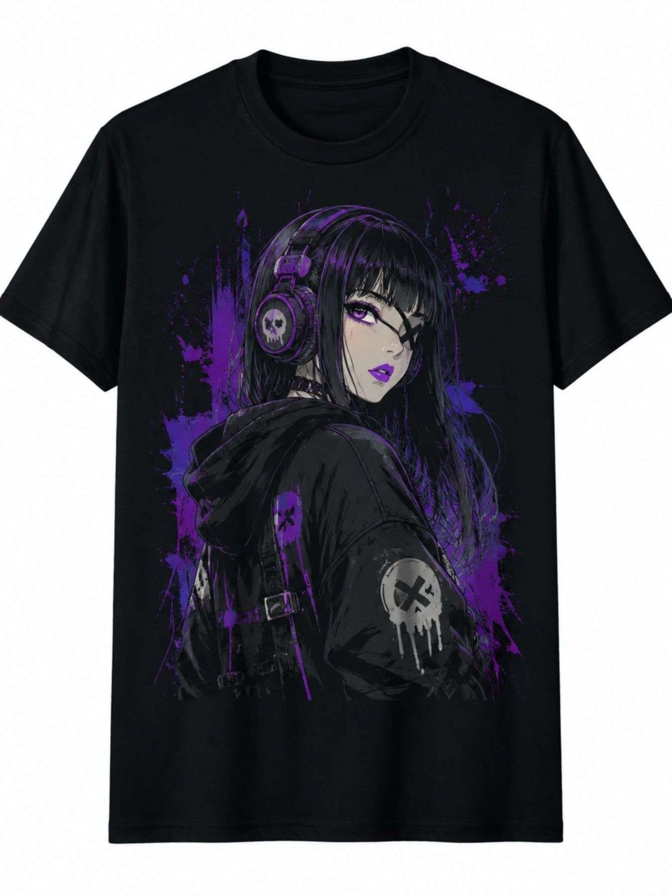 Men Anime Gamer Goth Eye Patch Purple Splatter Skull Graphic T-Shirt Casual Streetwear Gothic Anime Graphic Tee Y2K