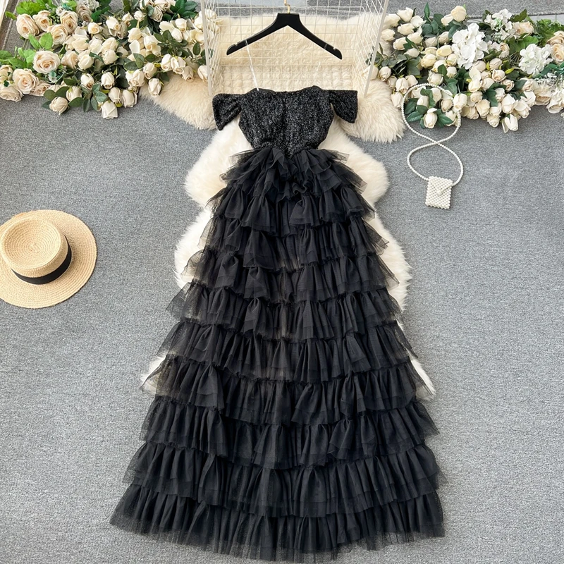 Light Luxury Style High-end Suspender Jumpsuit Sequins and Mesh Design Super Fairy Socialite Long Dress