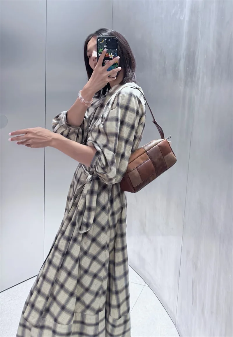 Women's Dress New Shirt Style Round Neck Waist Tied Plaid Puff Sleeve Midi Dress Elegant Casual Women's Wear