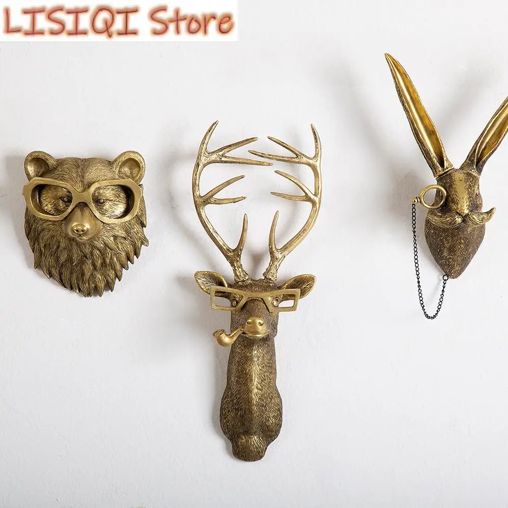 

New Antique Bronze Resin Animal Pendant Golden Deer Head Wall Storage Hook Up Background Wall Accessories Decorative Figurines