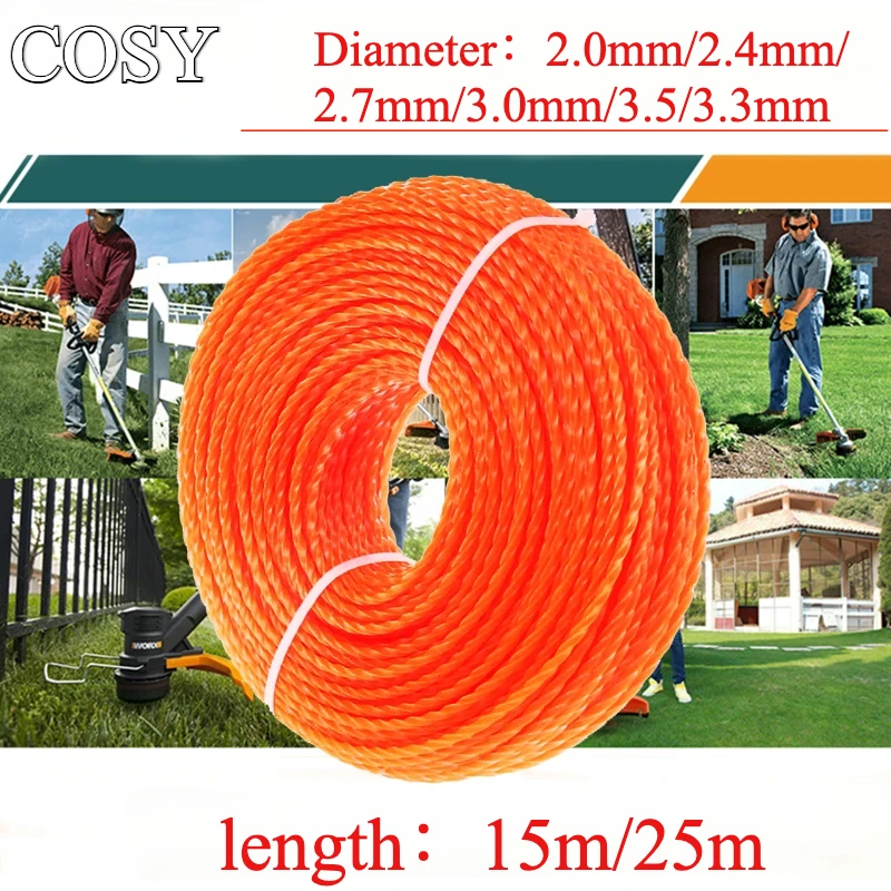 COSY Garden Tools 25m/15m*2.4mm/2.7mm/3mm/3.5mm/4mm Grass Trimmer Line Nylon Spiral Brush Cutter Rope  Lawn Mower Head Accessory