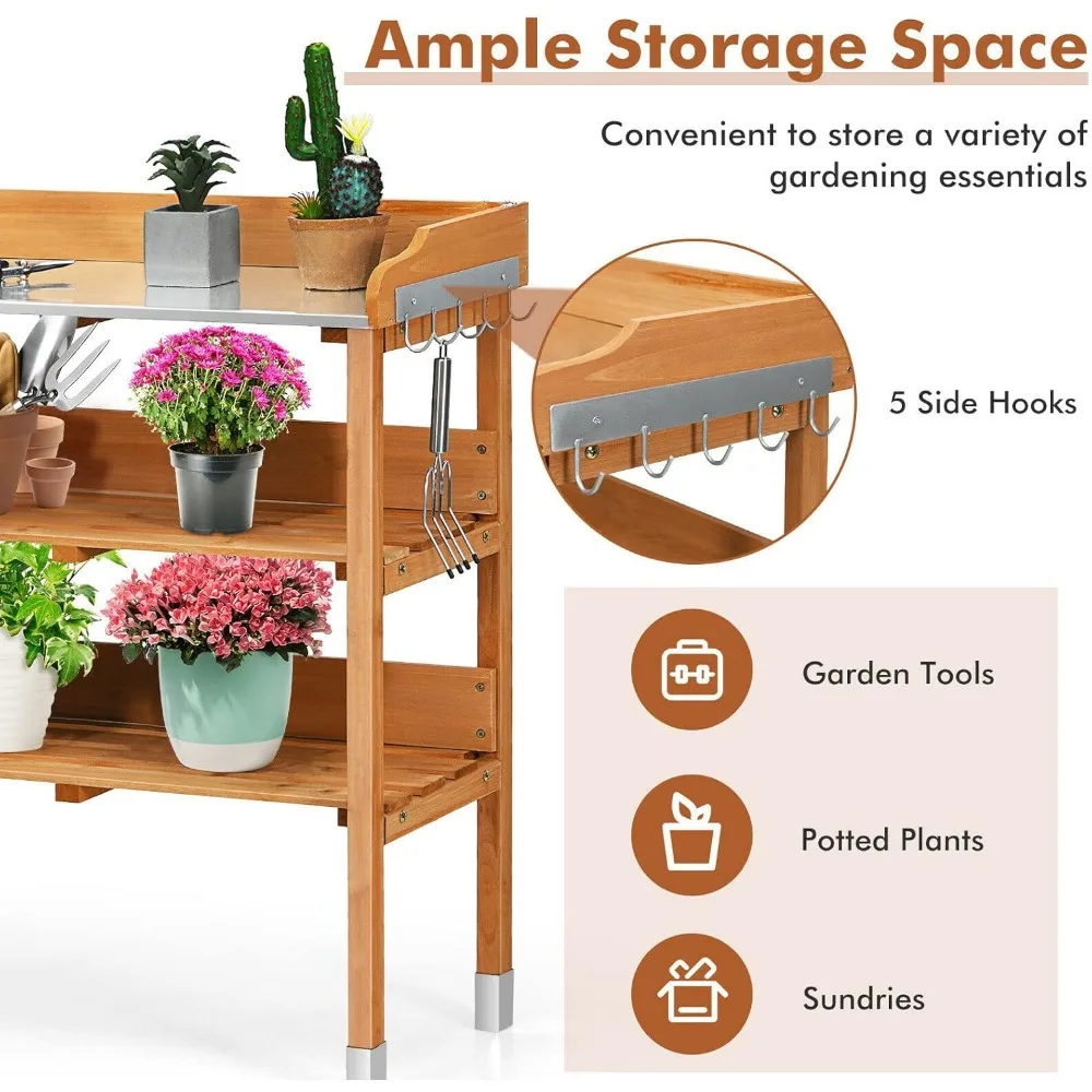 مقعد بوتينج، محطة عمل مع هيكل خشب التنوب وطاولة معدنية، طاولة زراعة الحديقة مع أرفف مفتوحة وخطافات تعليق #5