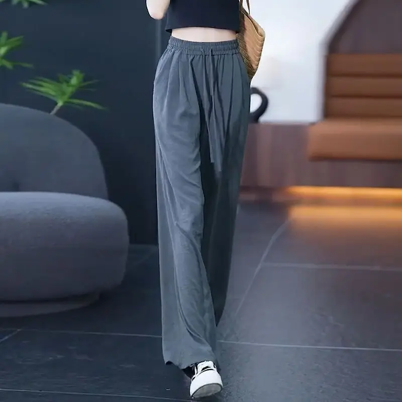 Women Summer Simplicity Elegant Loose Solid Color Ice Shreds High Waist Wide Leg Women Clothes Casual Appear Thin Trend Trousers