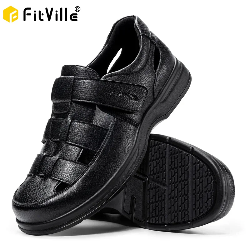 FitVille Men'S Extra Wide Leather Open Toe Sports Sandals, Orthopedic Diabetic Non Slip Support Sandals For Summer Outdoor