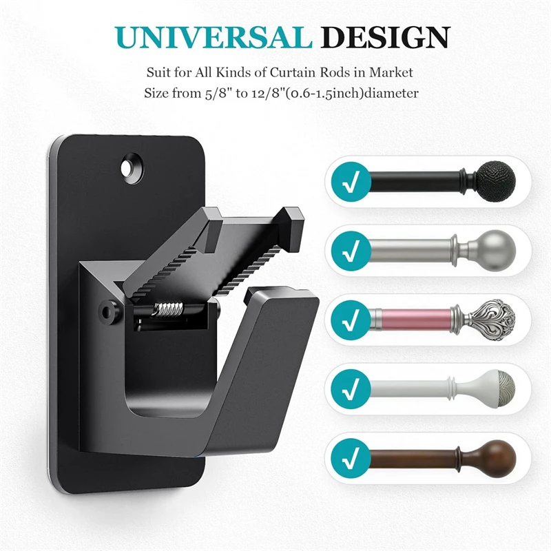 حامل قضيب الستارة العالمي 2/4 قطعة أسود بدون مثقاب ذاتي 3M لاصق يصل إلى 30 رطل للحمام وغرفة النوم وغرفة المعيشة والمطبخ #3