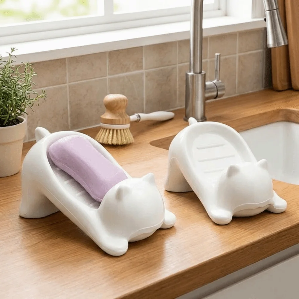 

Cat Shaped Cartoon Soap Box Creative Non-slip Plastic Soap Dish Cute Waterproof Soap Sponge Tray Bathroom Accessories