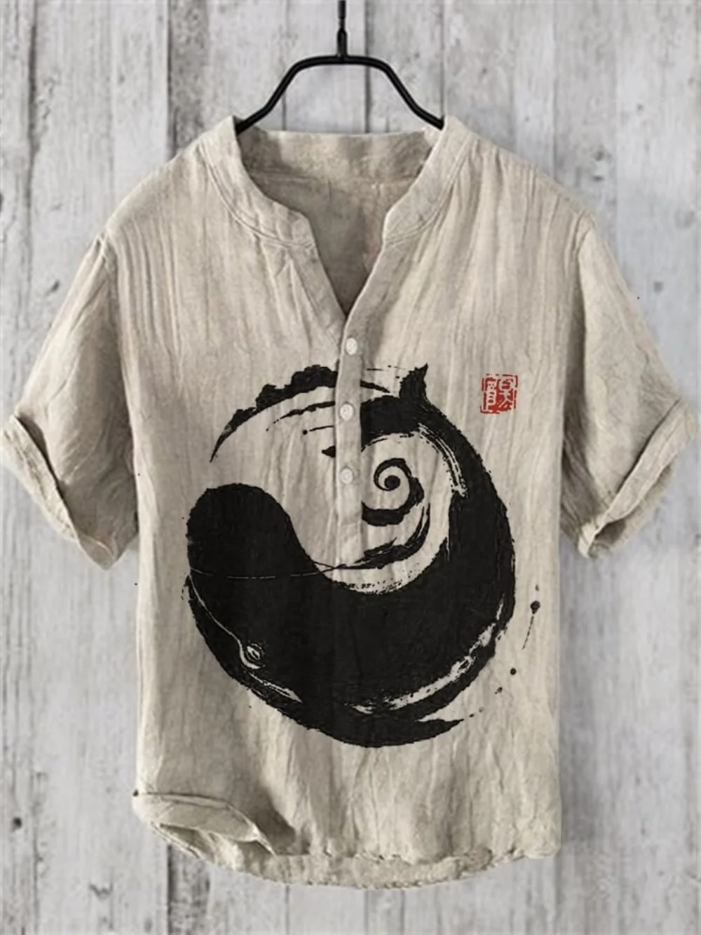 

Summer new men's three button pullover, Tai Chi fish printed linen shirt, street outdoor casual men's top, fast delivery