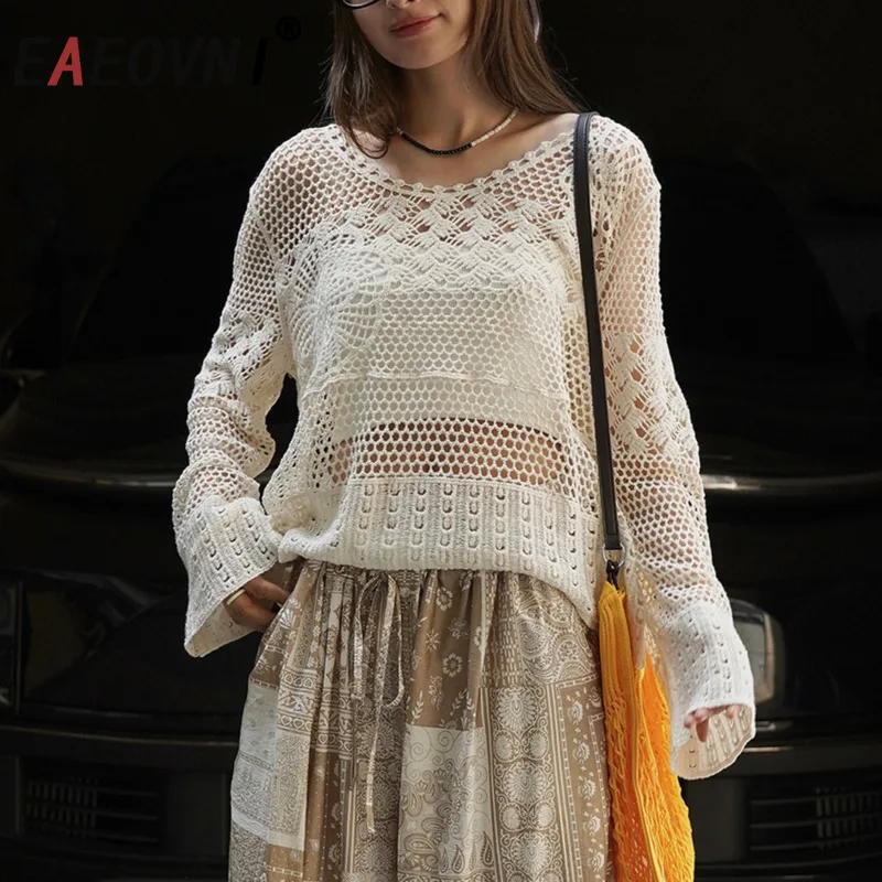 

EAEOVNI Повседневная вязаная блузка с вырезом для женщин с круглым вырезом и длинным рукавом, свободный однотонный пуловер, топы, мода, новинка 2025, одежда