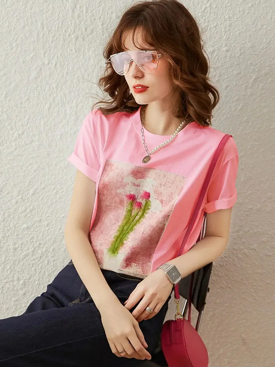 LOUIS YAO Women T-shirt Round Neck Short Sleeve 2024 Summer New Loose Fit Fashionable 3D Print Flower Casual Basic Tops