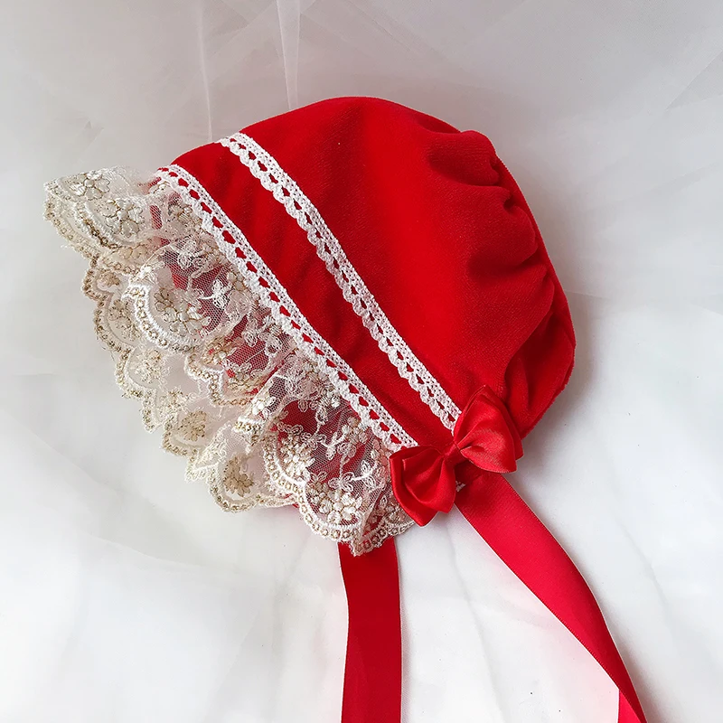 Cappello a cuffia Lolita Vintage vittoriano cameriera Cosplay Donna Ragazza Zucca Berretto in cotone dolce Cinghie con lacci