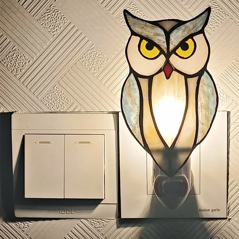 

Glass Handicrafts Owl Night Light Cute Gift Light Handmade Luminous Eye Protection Children's Room Bedside US Plug