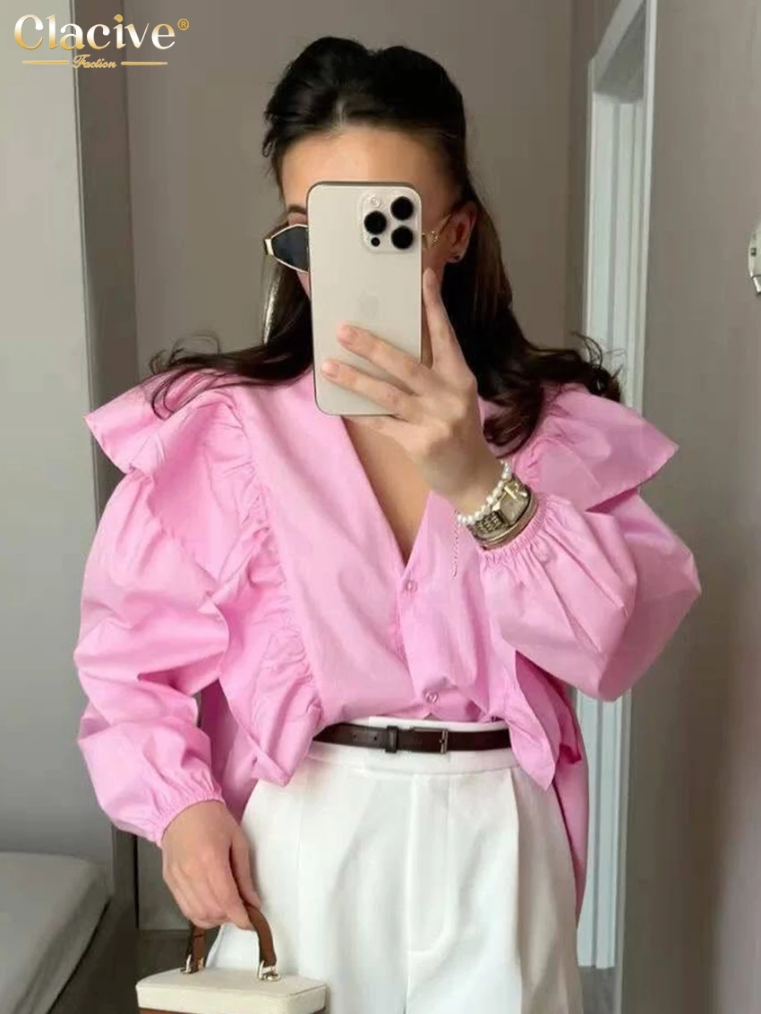

Clacive Fashion Lose Pink Women's Shirt 2026 Autumn V-Neck Long Sleeve Lady Blouse Elegant Classic Ruffles Top Female Clothing