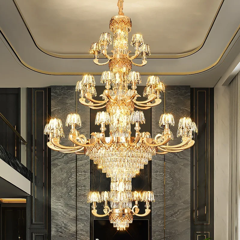 

Glossy Crystal Chandelier European-Style Restaurant Duplex Staircase Long Pendent Lamp Luxury Villa Living Room Decorative Light