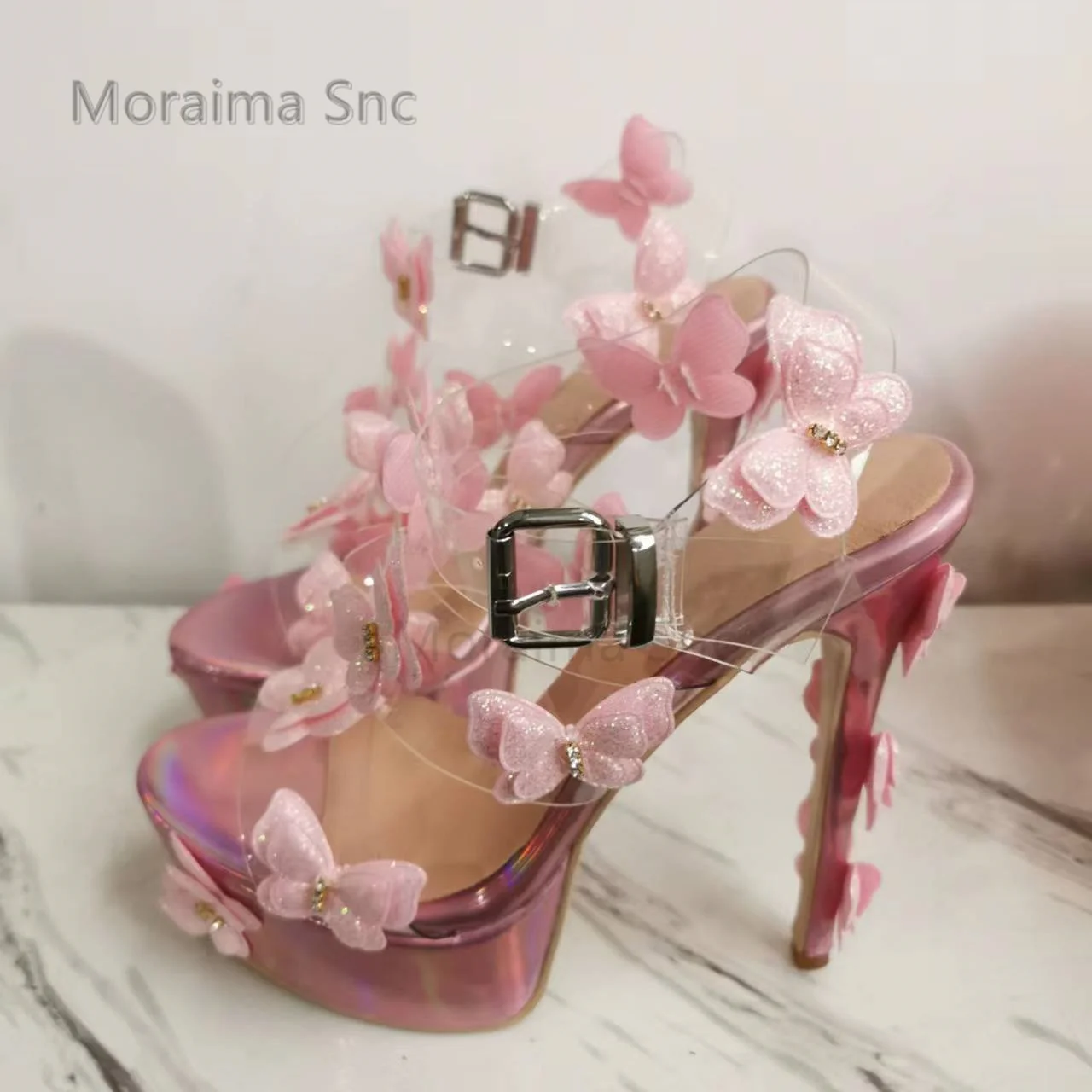 Pink Butterfly Stiletto Platform Sandals for Women Pvc Transparent Super High Heels Sandals Sweet Large Size Summer Party Shoes