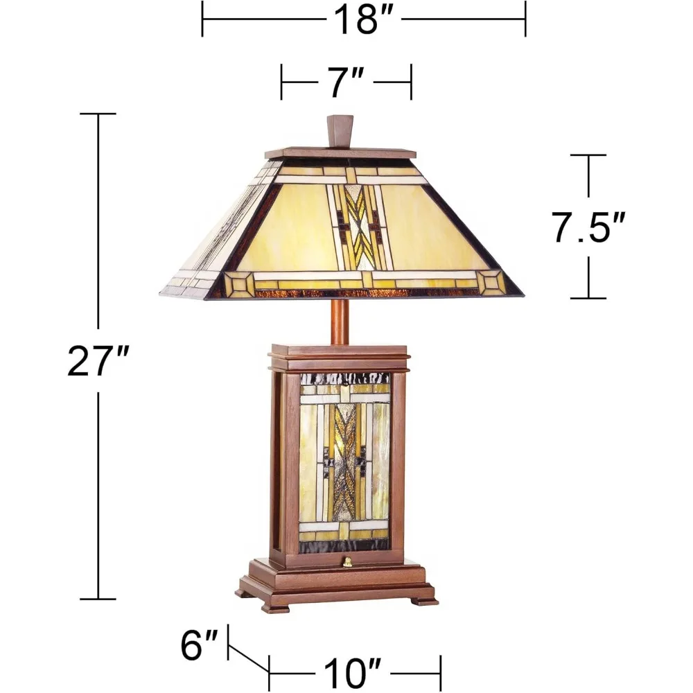 ウォールナット ミッション シリーズ カントリー テーブル ランプ ナイトライト付き 高さ 27 インチ ウッド キティ ティファニー スタイル アンティーク ステンド アート ガラス シェード