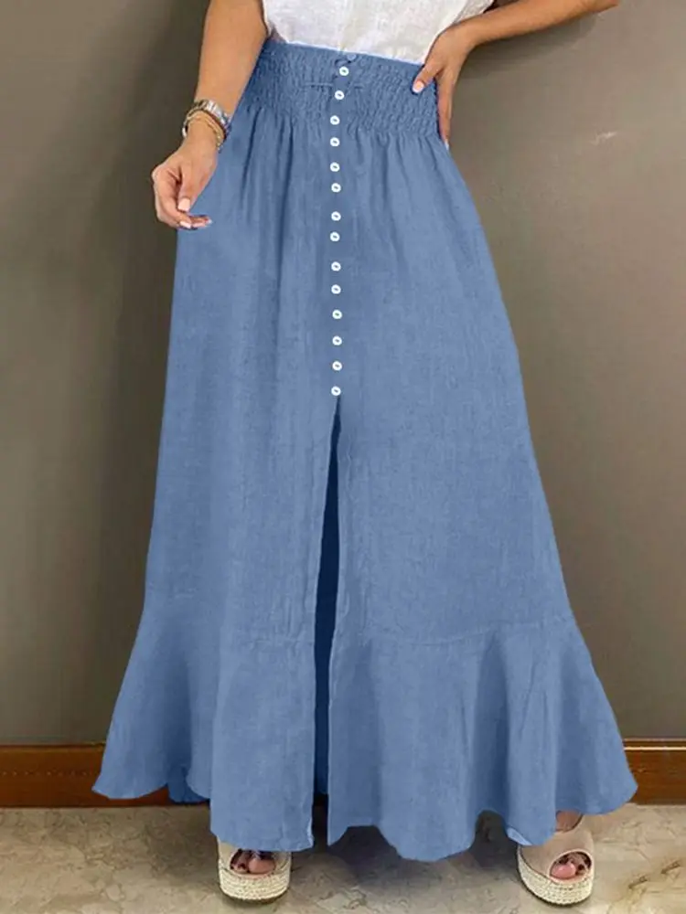 Fashion OL Leisure Denim Blue Maxi Long Skirts Women ZANZEA Casual Solid A Line Sundress Elastic Waist Skirts Baggy Vestidos 7