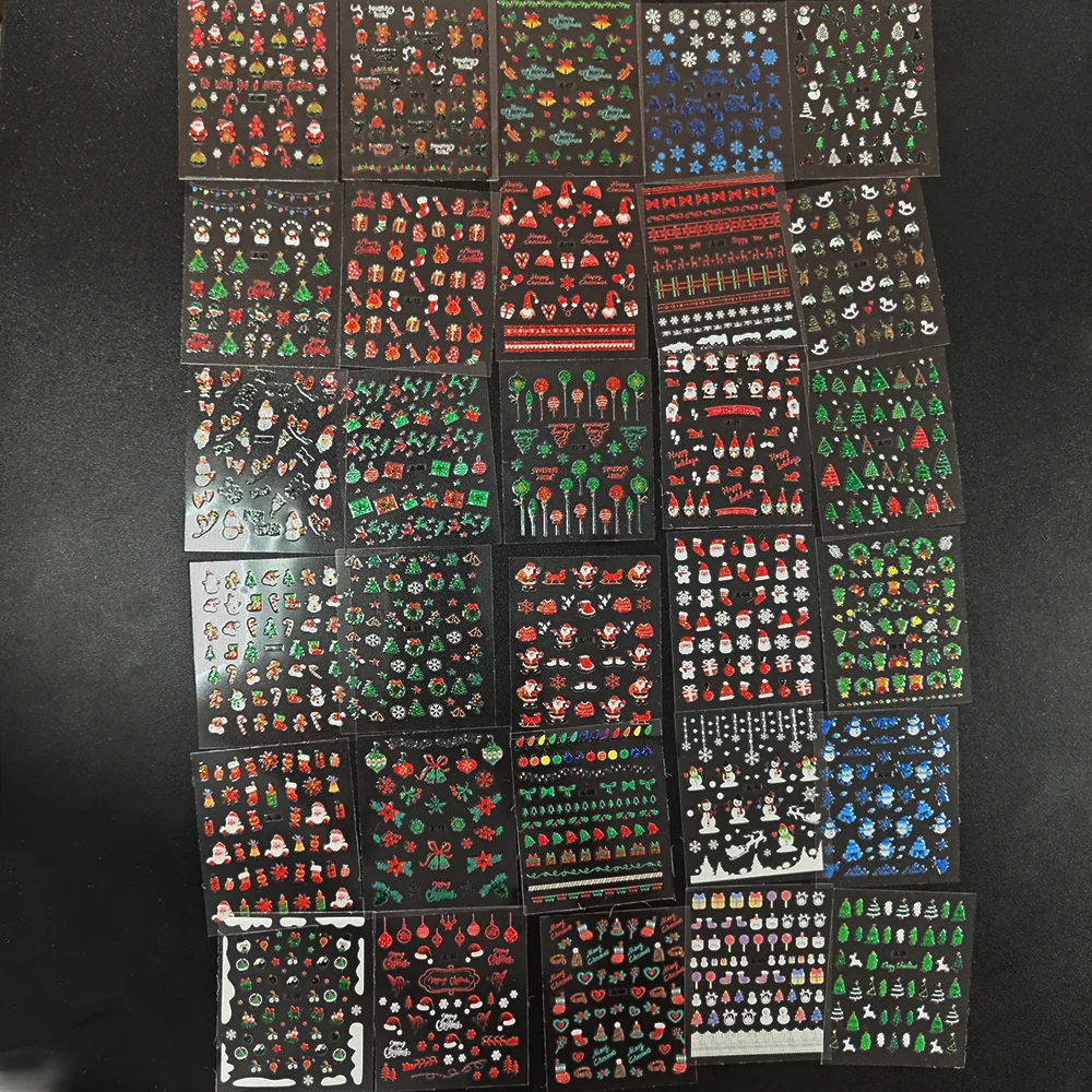30 pçs/set 3d misturado glitter natal adesivos de unhas kawaii elk/floco de neve/urso/boneco de neve decalque de natal 1000 + padrões boneco de neve slider