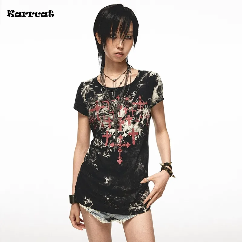 Karrcat Grunge Aesthetics Tattoo Print T-shirt Trashy Y2k Tie- Dye Tops Vintage Punk Style Short Sleeve Tee Shirt Gothic Black