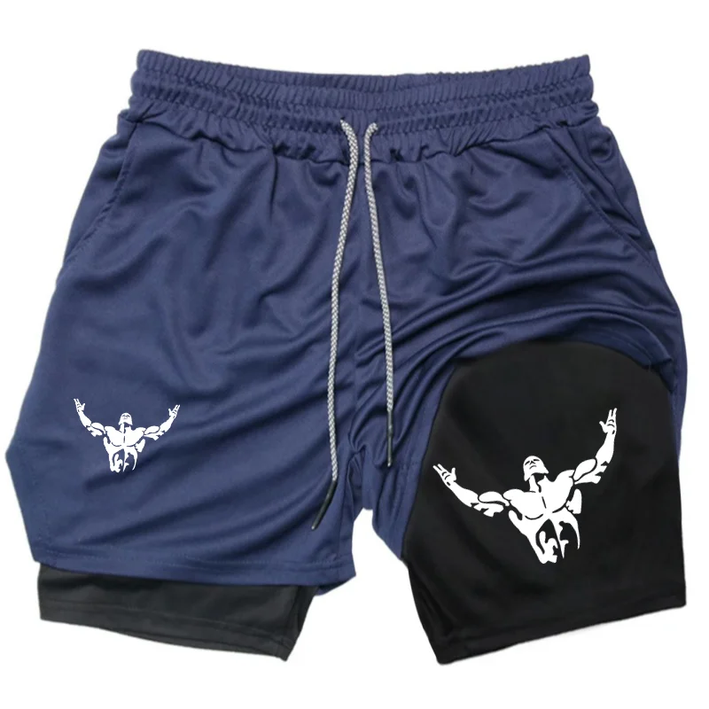 Bodybuilder Print 2 in 1 Running Shorts Men's Fitness Training Quick Dry Short Pants Male Outdoor Sport Jogging Pocket Bermuda