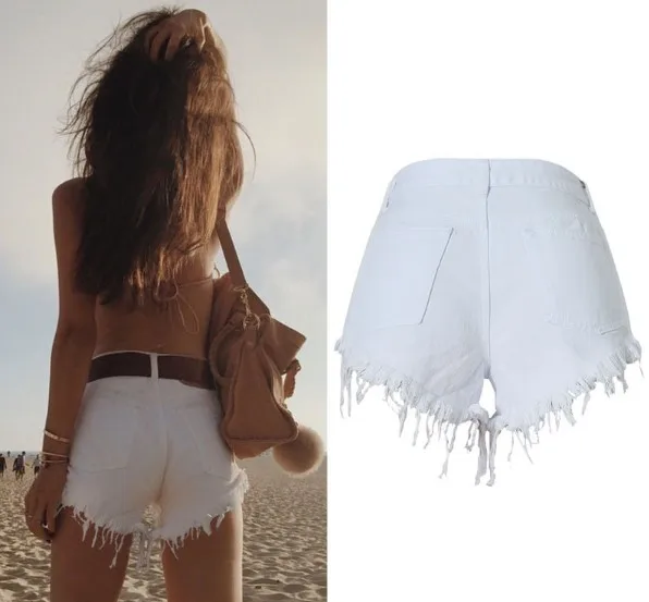 

Summer Women's High Waist Straight Leg Jeans Short Shorts Frayed Hem White Denim Pants Long Leg Effect Hole Punching