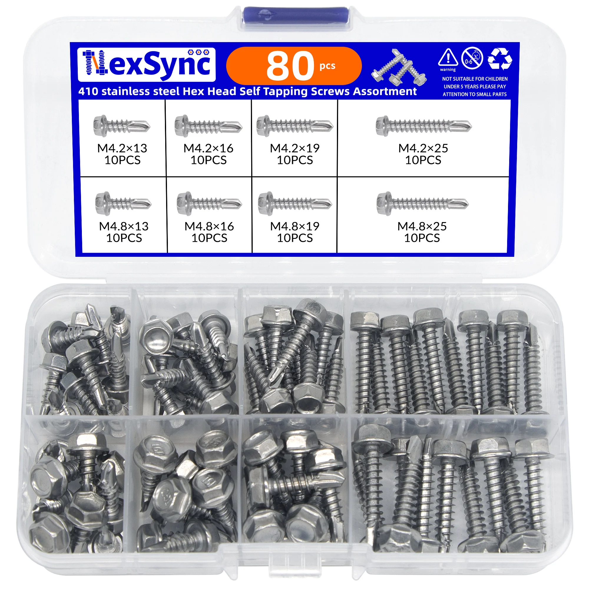 80PCS 410 stainless steel Hex Head Self Tapping Screws Assortment M4.2*13MM-26MM M4.8*13MM-26MM With Drilling Point