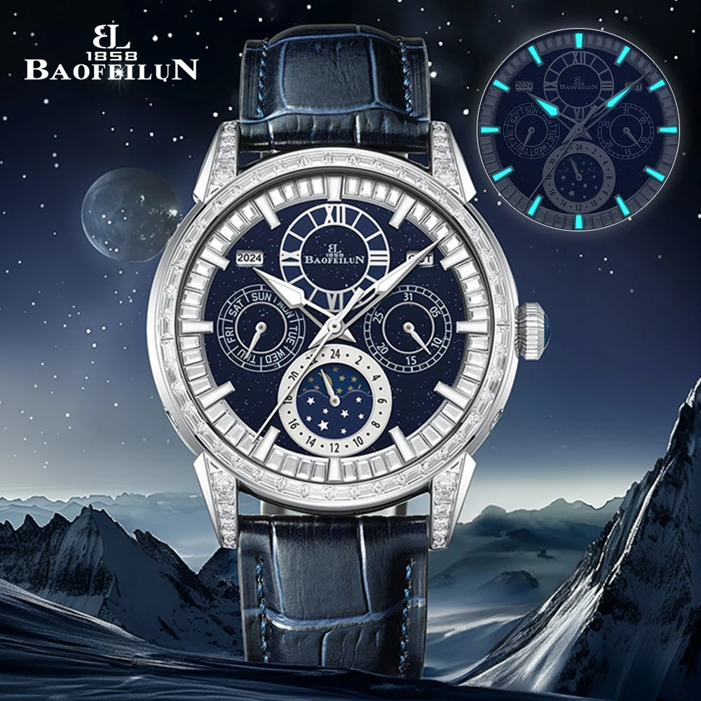 

BAOFEILUN Iced out часы Автоматические часы высокой сложности с бриллиантами итальянский ремешок из телячьей кожи 42 мм с сапфировым стеклом Водонепроницаемые часы