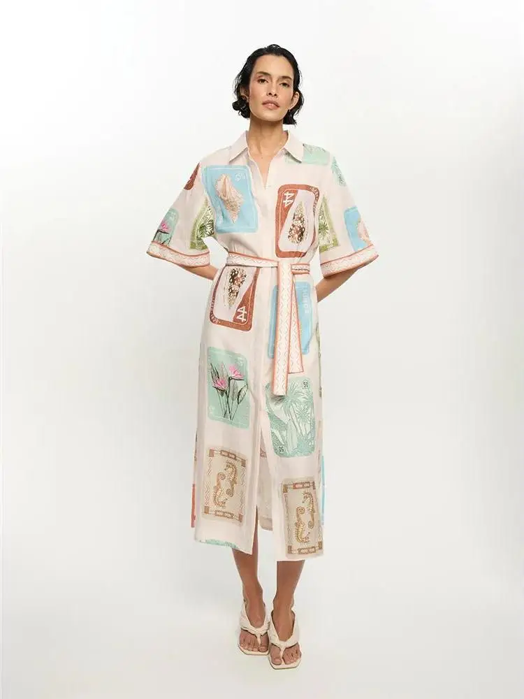 Cleanfit Linen Short Dress Women's Waist-Cinching Belted Casual Shirt Dress H-Line Summer Collection Loose Fit Five-Button
