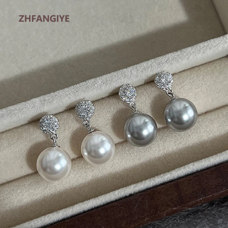 

ZHFANGIYE Trendy Pearl Zircon Drop Earrings 925 Silver Jewelry for Women Wedding Engagement Party Promise Bridal Gift Ornaments