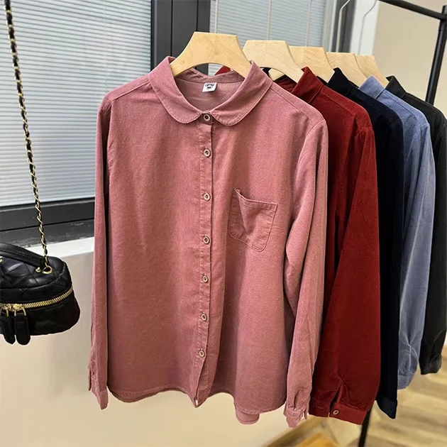 Women Red Navy Blue Pink Corduroy Shirts Blouses Autumn Winter Turn-down Collar Base Blouses Long Sleeve Button Up Tops