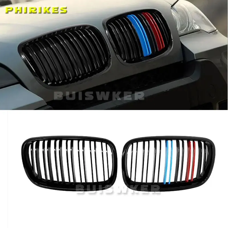 For BMW X5 X6 E70 E71 Gloss Black Car Bumper Kidney Grille Front Grill Double Slat Grilles 2008-2013 Auto Glossy Racing Grills
