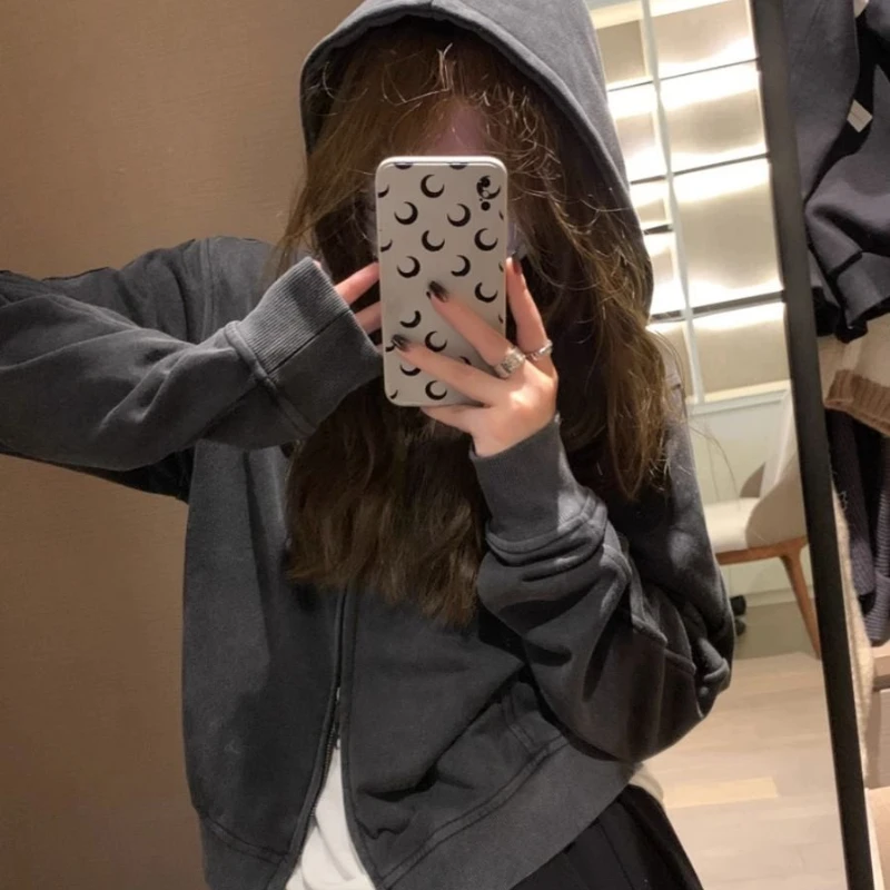 Deeptown Vintage Cropped Hoodie for Women Streetwear Korean Fashion Zip-up Hooded Sweatshirts Harajuku Oversized Hoodies Spring