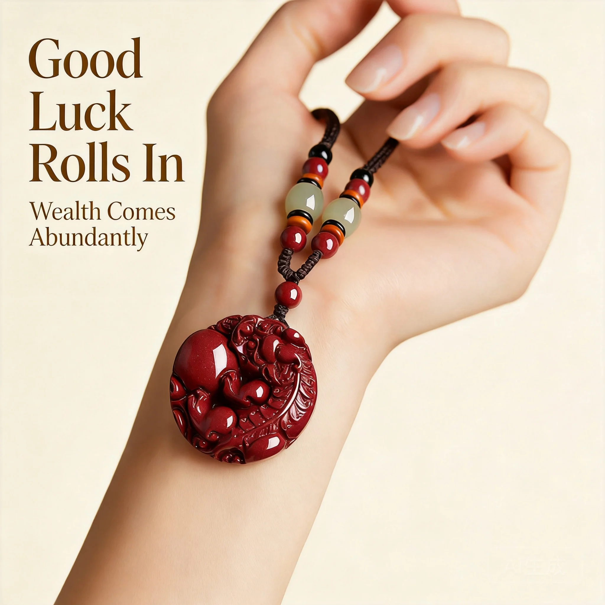 Chinese Style Natural Cinnabar Pixiu Pendant Necklace Lucky Wealth Attracting Good Luck Blessing Amulet Adjustable Brown Rope