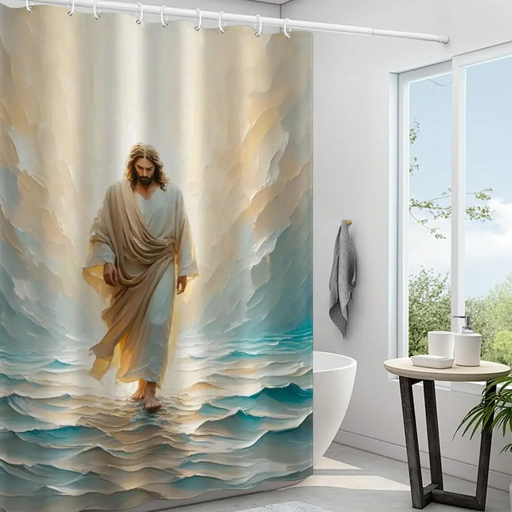 Polyester Shower Curtain Religious Spiritual Art Jesus Christ Divine Light Water Scene Bathroom Decor Faith Bible Artwork