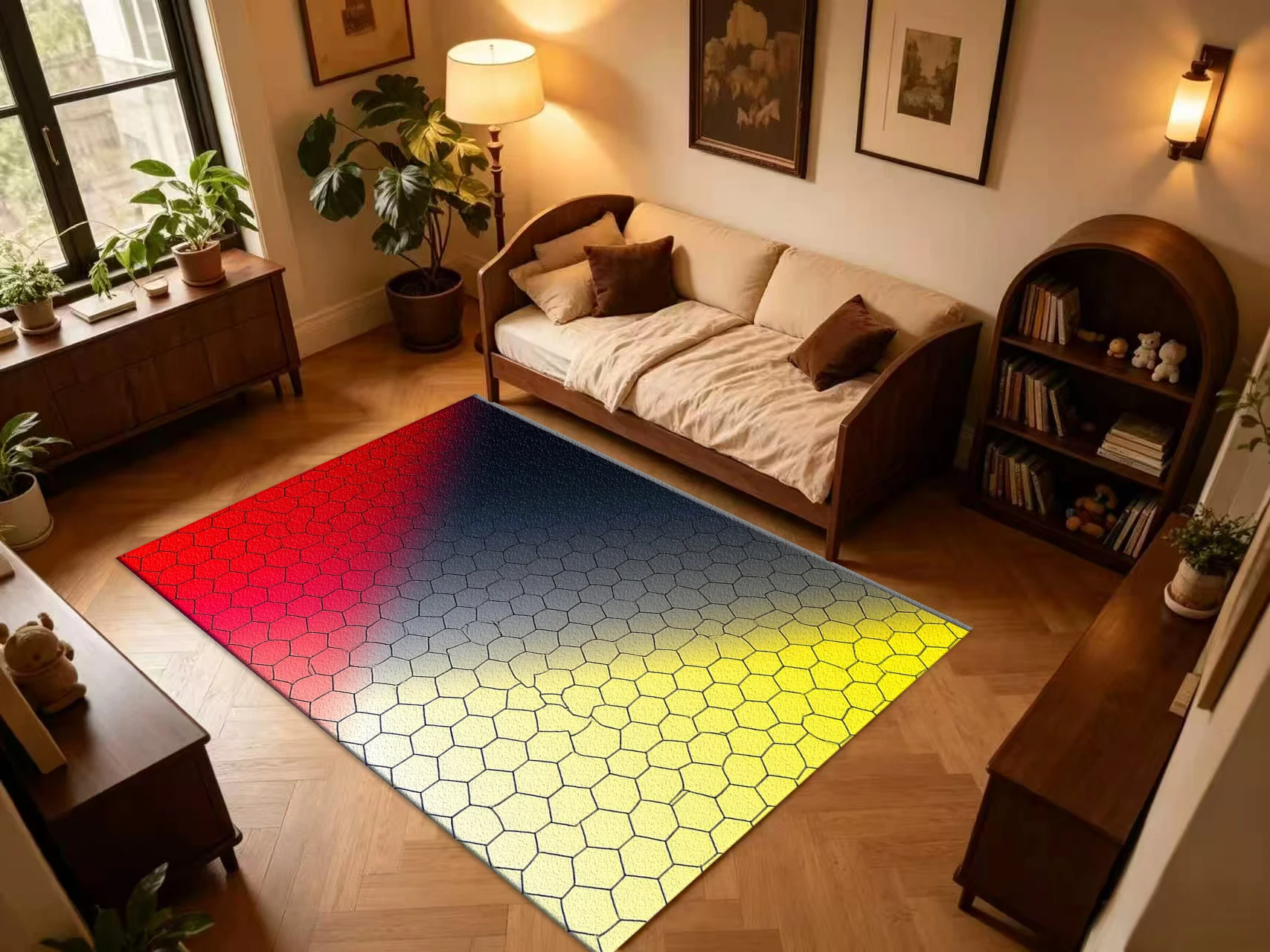 Red‑Yellow Gradient Honeycomb Cracked Texture Carpet Flooring Modern Abstract Geometric Household Indoor Decor Wall‑To‑Wall Floor Mat