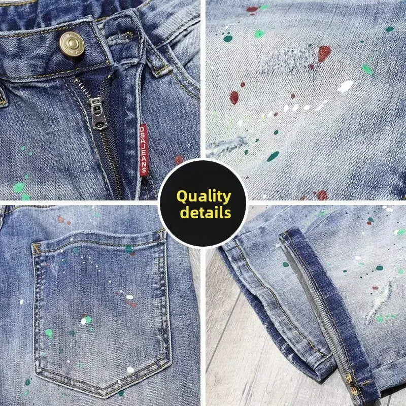 Denim-Shorts für Herren, trendig, vielseitig, schmal geschnitten, elastische Hose, trendige Marke, hübsche, spritzwassergeschützte Tinte, zerrissene Löcher, hübsche dünne Hose