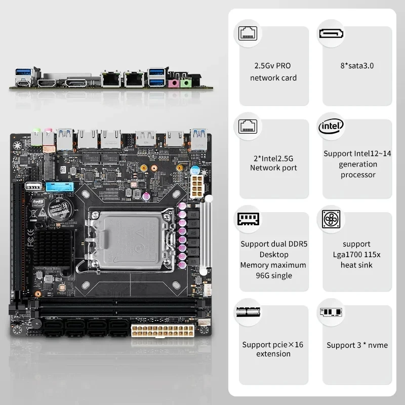 Placa-mãe Intel VPro NAS de 8 baias, Q670, Placa-mãe 12, 13, 12ª geração, LGA1700, CPU, 3x, NVMe, 8x, SATA 3.0, 1x PCIEx16, 2x DDR5, LAN 2x2,5G