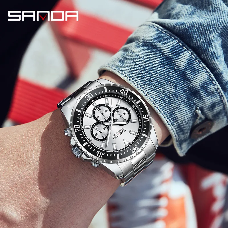 Sanda Brand 5306 New Arrival For Men Full Stainless Steel Strap Japanese Quartz Movement Waterproof Chronograph Business Watches