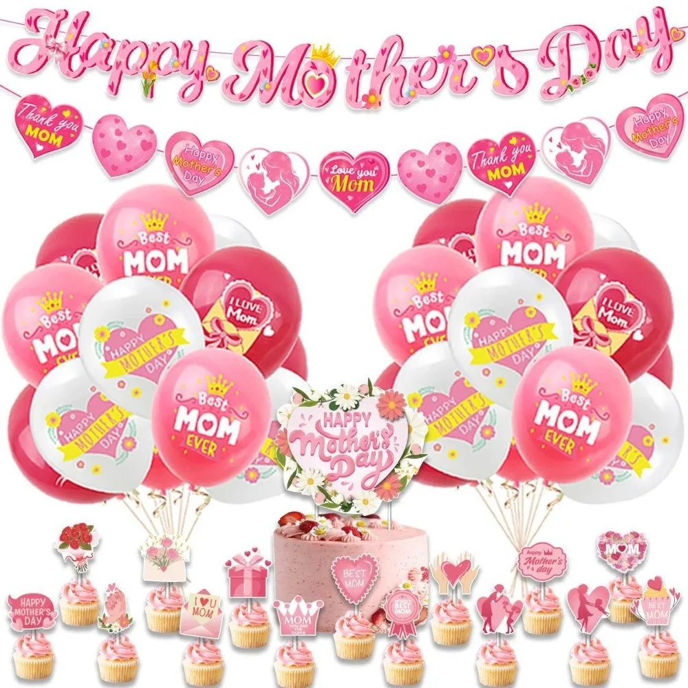 

New Happy Mother's Day Banner Decor Pink Hearts Pattern Hanging Swirls Balloon Paper Desktop Ornament Party DIY Decor