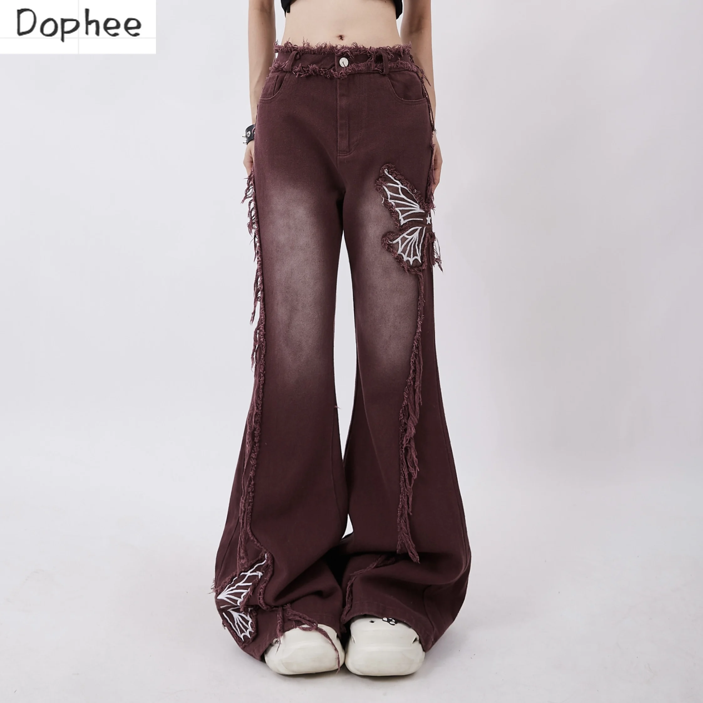 

Dophee New Fashion Autumn Flare Jeans for Women Streetwear Retro Embroidered Butterfly Tassel Casual Denim Trousers Dopamine