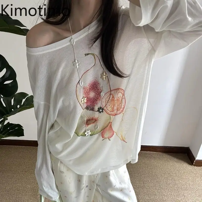 Kimotimo White Print Long Sleeve T-shirts Women Korean Chic Loose Lazy Micro Transparent Tops Off Shoulder Fashion Casual Tees