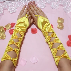 Guantes elásticos de gasa con cuentas para mujer, manopla de satén amarillo a prueba de rayos UV para fiesta, boda, novia, diseño Formal, Verano