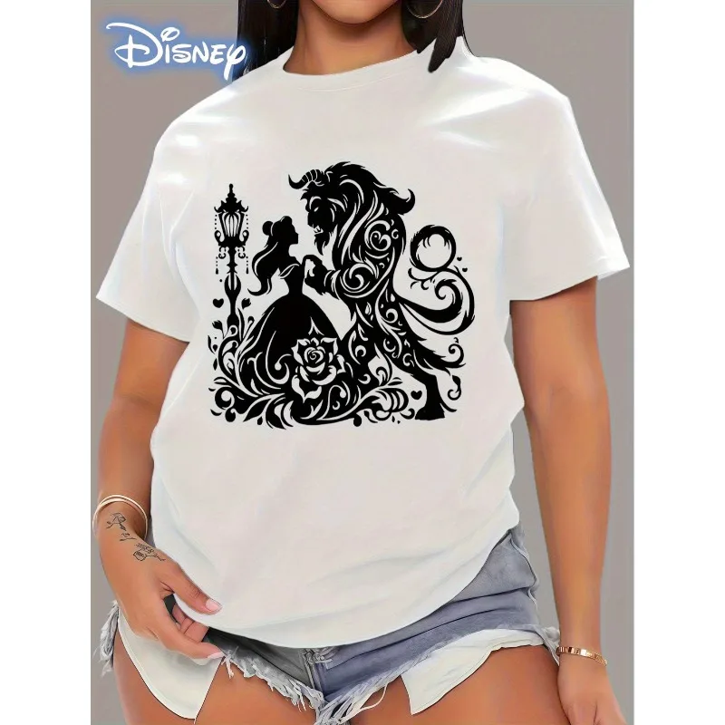 

Disney Beauty and Beast Bell and Beast T-shirt Round Neck Black Floral Print with Tropical Style Whirlpool and Rose T-shirt