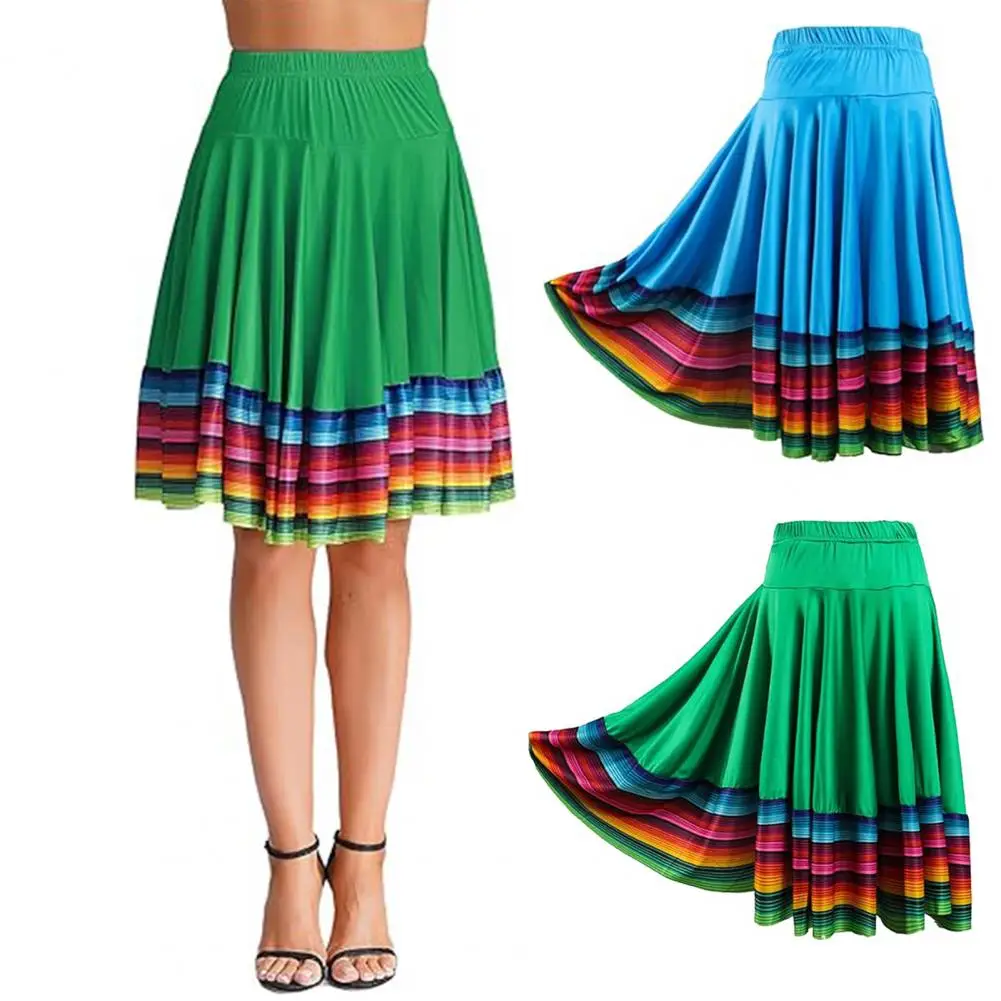 Rainbow Mexican Flamenco Performance Skirt Women Dance Midi Skirt Ladies Folk Dance Skirt High Waist Spanish Swing Skirts 80%