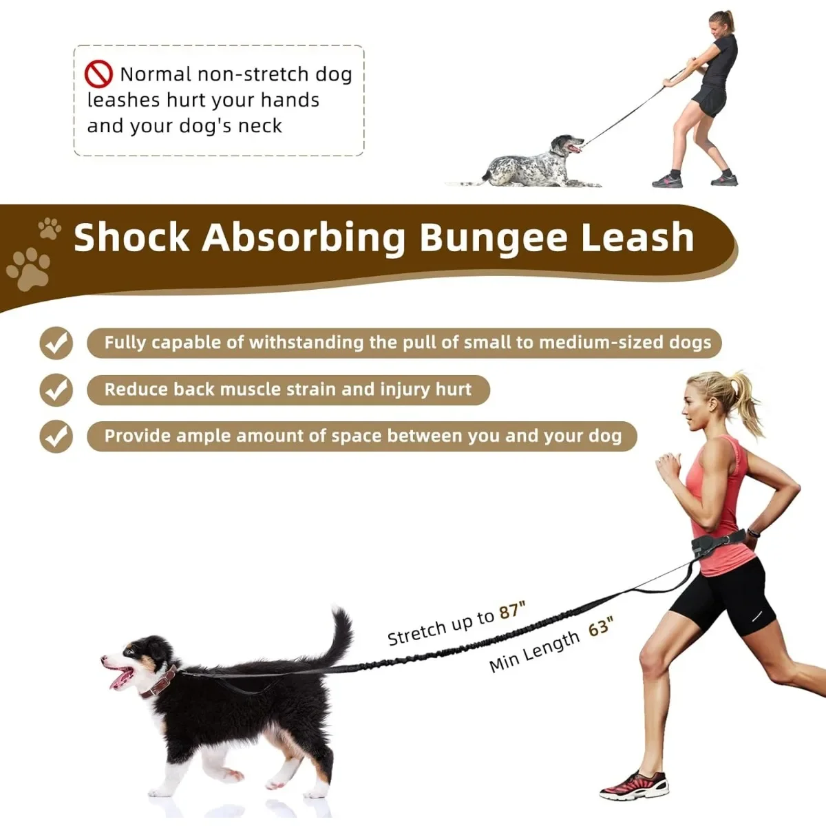 2in1 Hands Free Dog Leash Retractable Bungee Leash with Dual Padded Handle Waist Belt for Dogs Walking Running Jogging Training