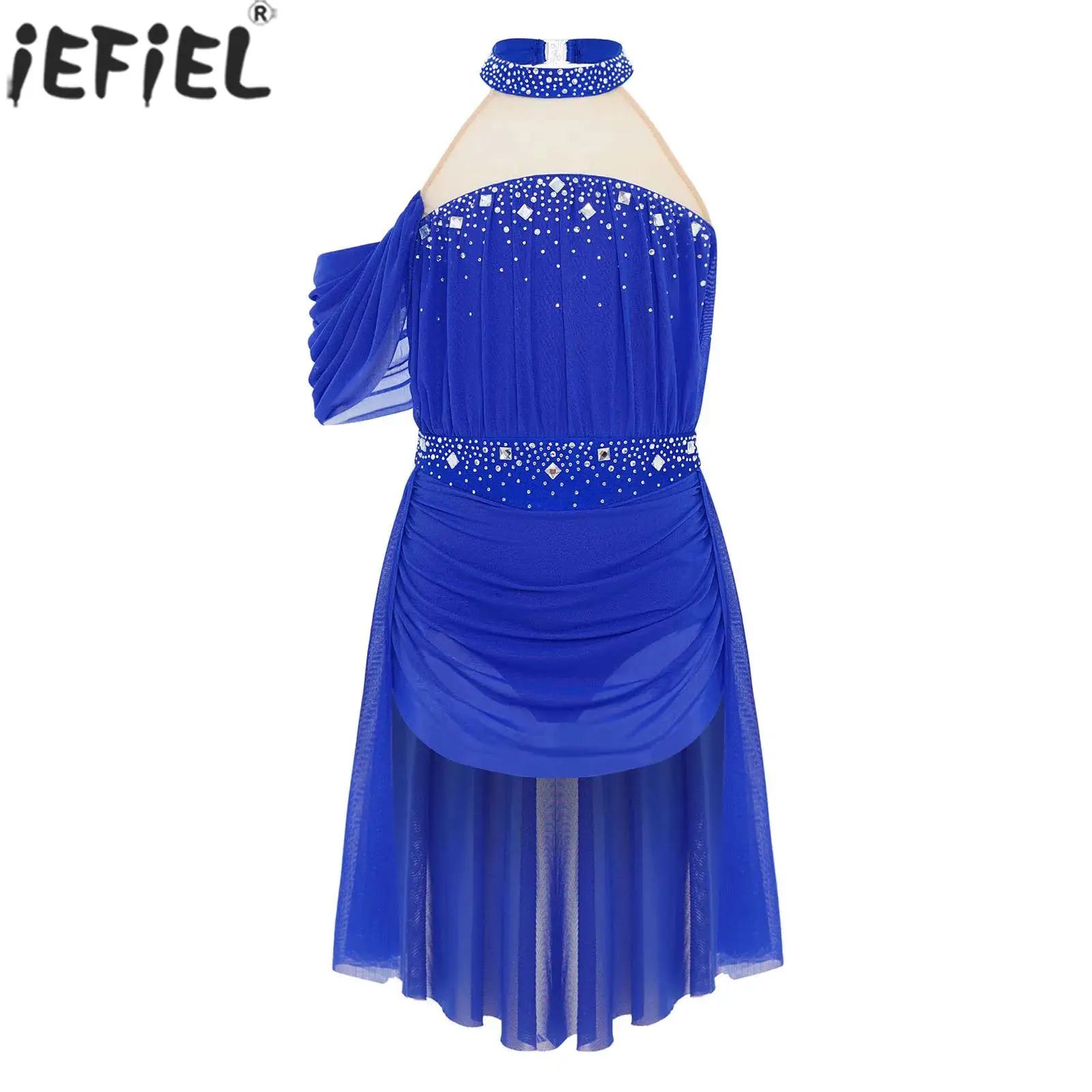 Children Girls Shiny Rhinestones Modern Lyrical Dance Dress Sleeveless Sheer Mesh Leotard Tutu for Figure Skating Gymnastics