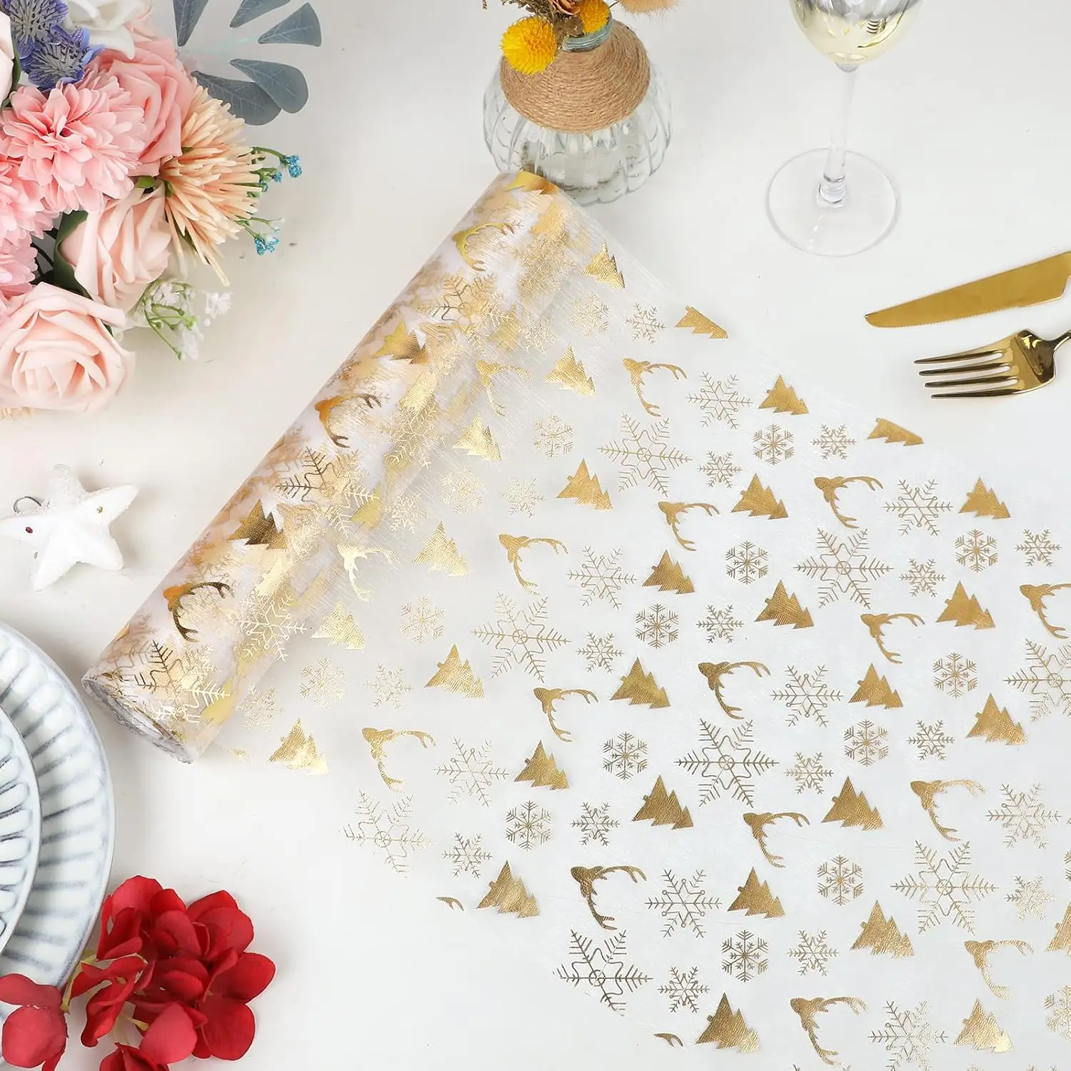 

Christmas Bronzing Table Runner, Gold Deer Snowflake and Christmas Tree Decorations Table Decor for Home Dining Christmas Party